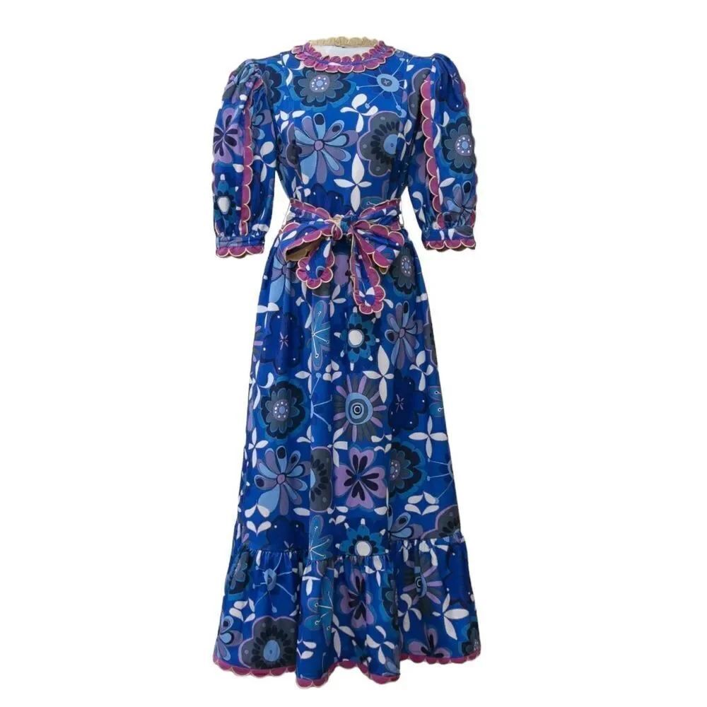 CeliaB Merapi Belted Puff Sleeve Corduroy Print Midi Dress Blue Women’s Size XL